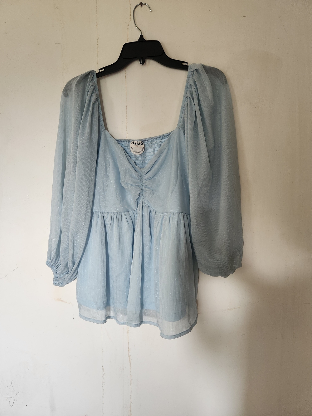 ARULA Light Blue Peasant Blouse with Puff Sleeves